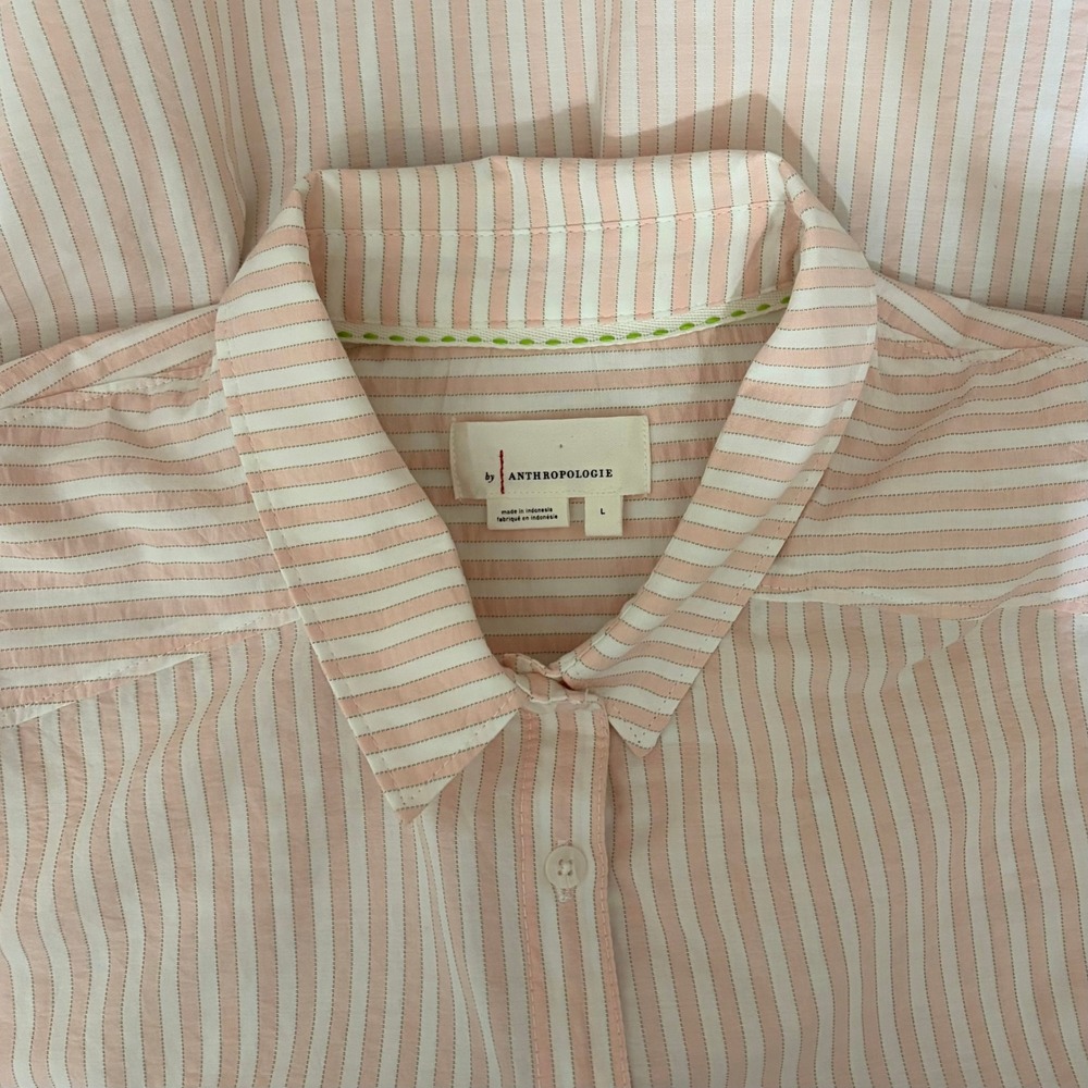 By ANTHROPOLOGIE Longline Button Down Pink White Stripe Shirt Buttondown Large - Picture 13 of 16